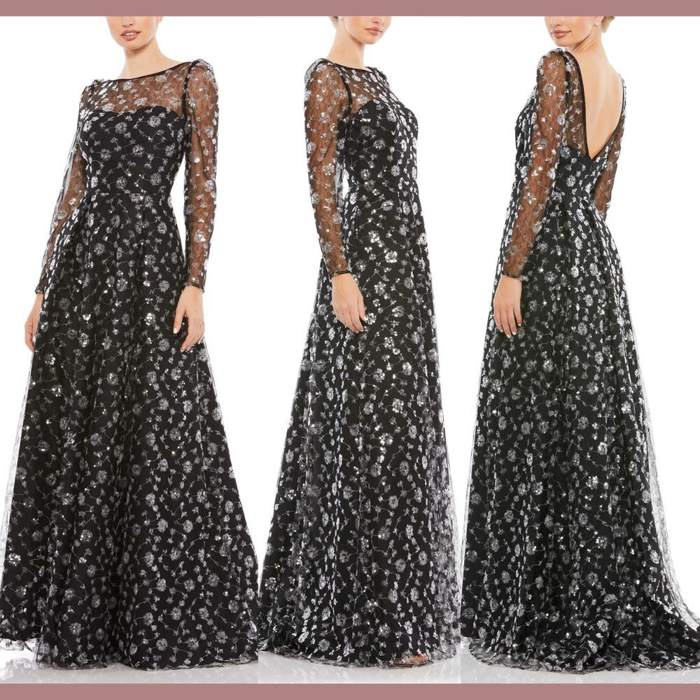 NWT $798 Mac Duggal [ 8 ] Long Sleeve Floral Illusion A-Line Gown Black G1882‎